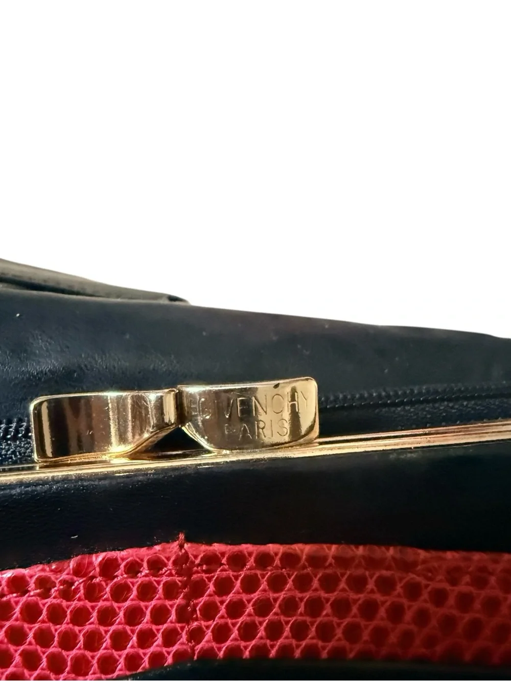 Vintage GIVENCHY PARIS Black Leather Long Wallet with Red Lizard Accent